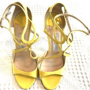 Jimmy Choo London women's shoes 4" heel yellow patent leather strappy size 38/8